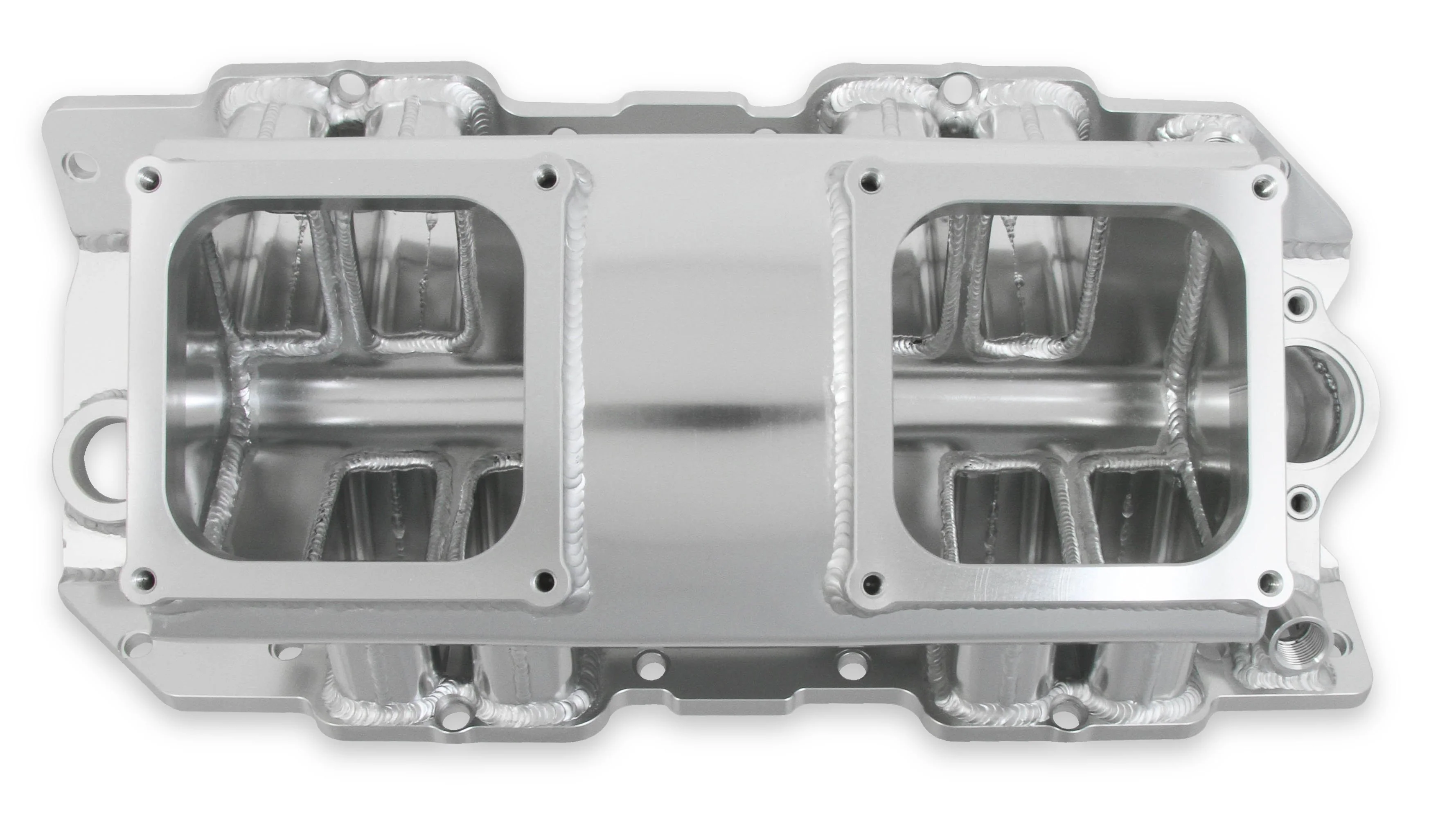 Fabricated Intake Manifold BBC Single Plane 2 x 4500 Silver with Sniper Logo - Image 11
