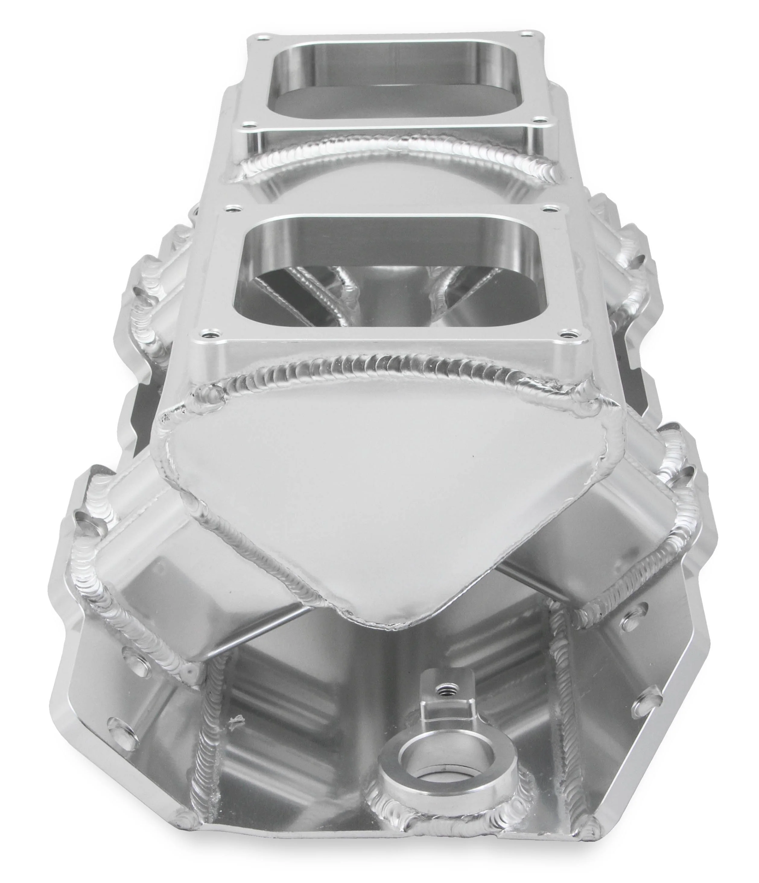 Fabricated Intake Manifold BBC Single Plane 2 x 4500 Silver with Sniper Logo - Image 4