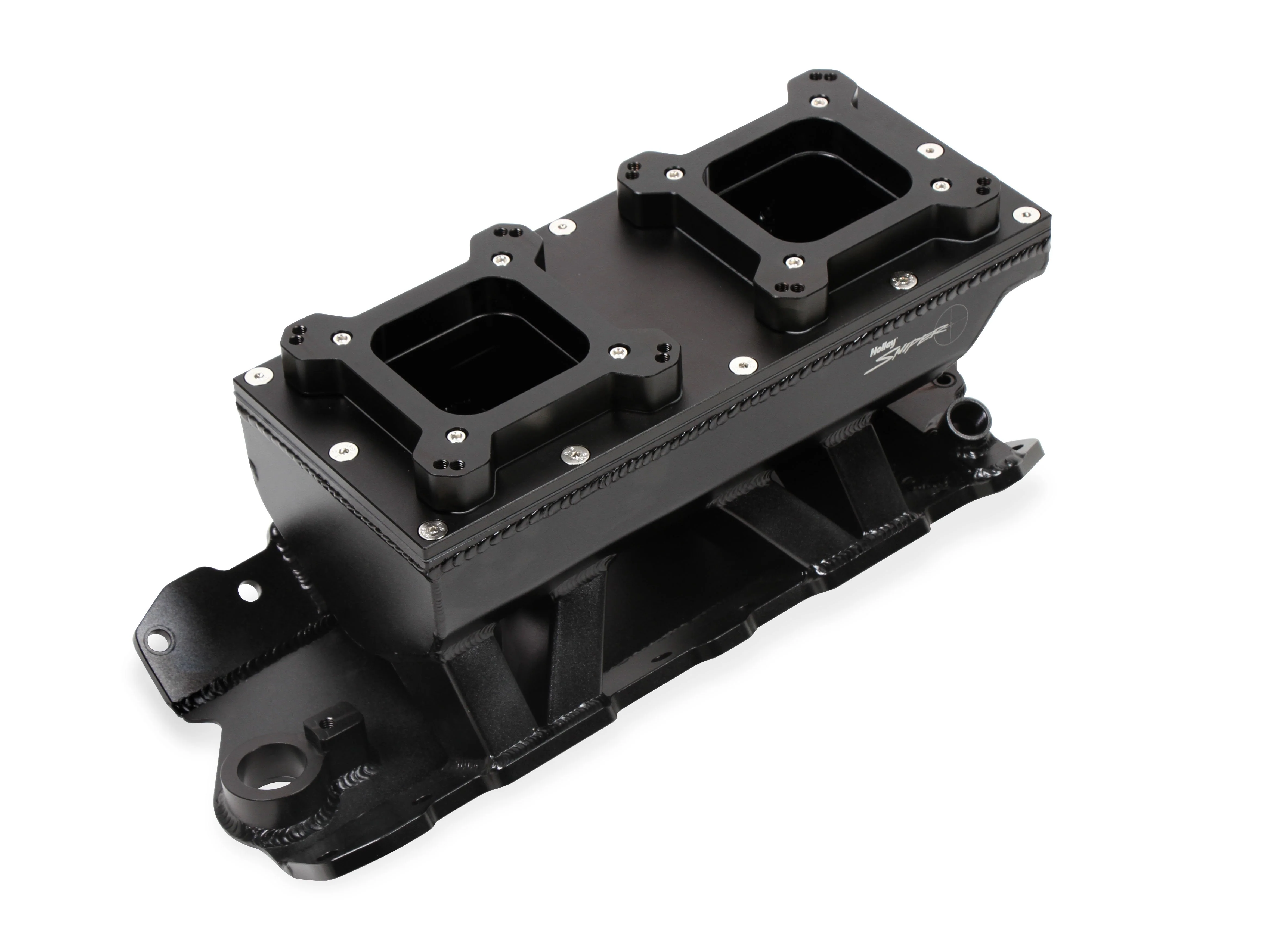 Fabricated Intake Manifold SBC Single Plane Carbureted (2 x 4150 style flange changeable plate) Black with Sniper logo - Image 2