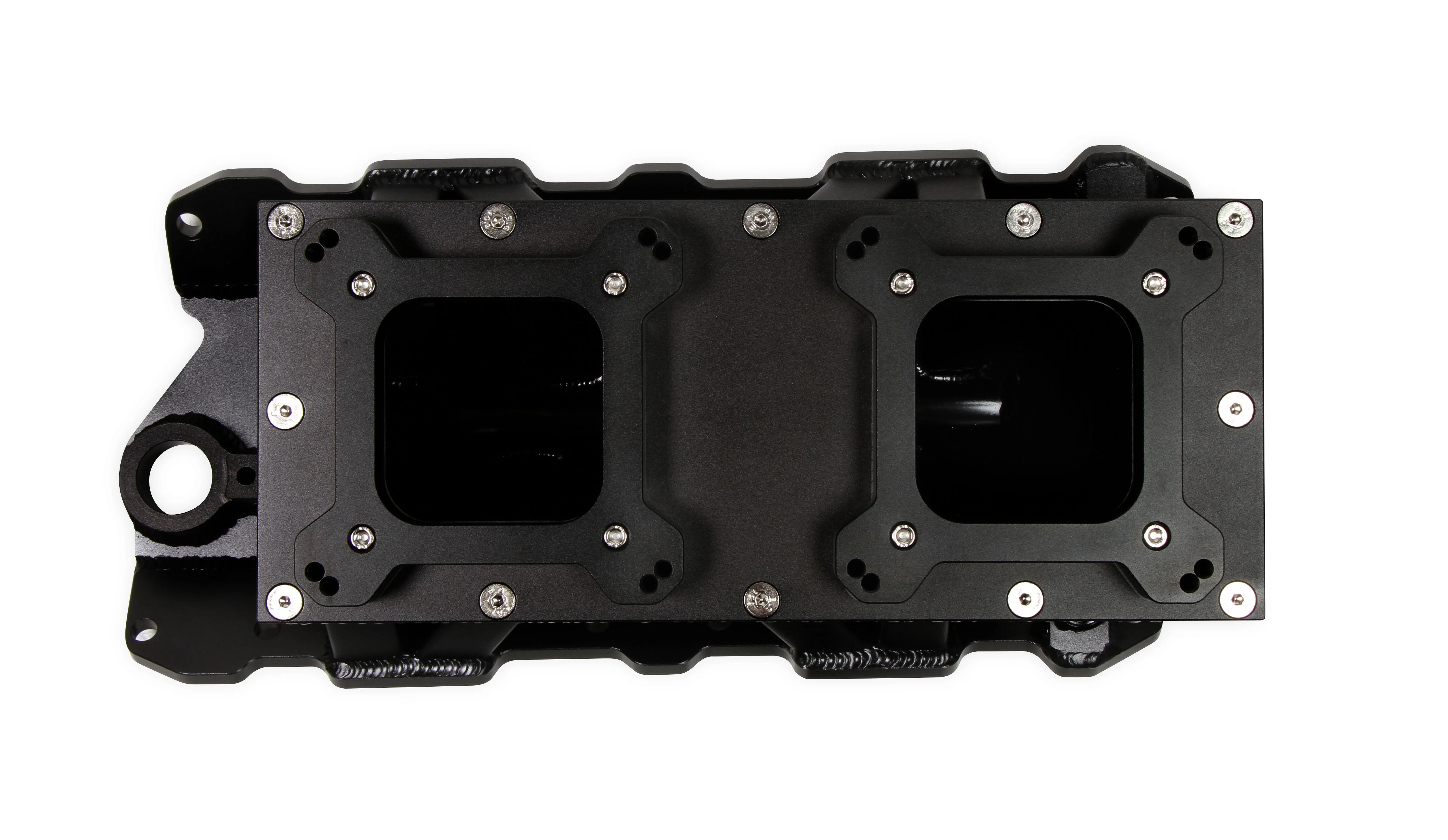 Fabricated Intake Manifold SBC Single Plane Carbureted (2 x 4150 style flange changeable plate) Black with Sniper logo - Image 3
